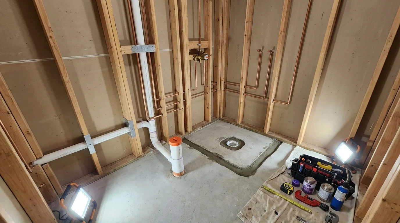Bathroom rough-in plumbing during remodel by Johns Plumbing LLC in Grand Forks