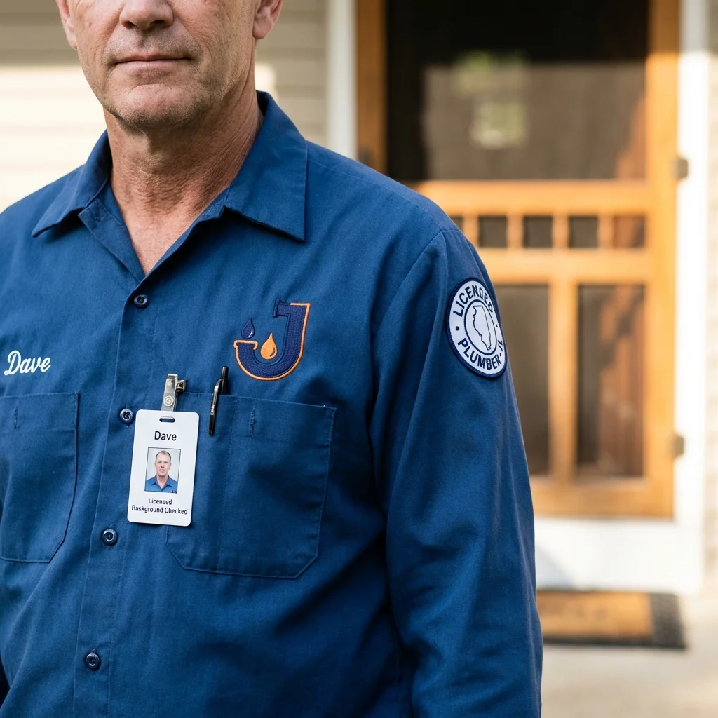Licensed plumber showing ID badge in Grand Forks, ND