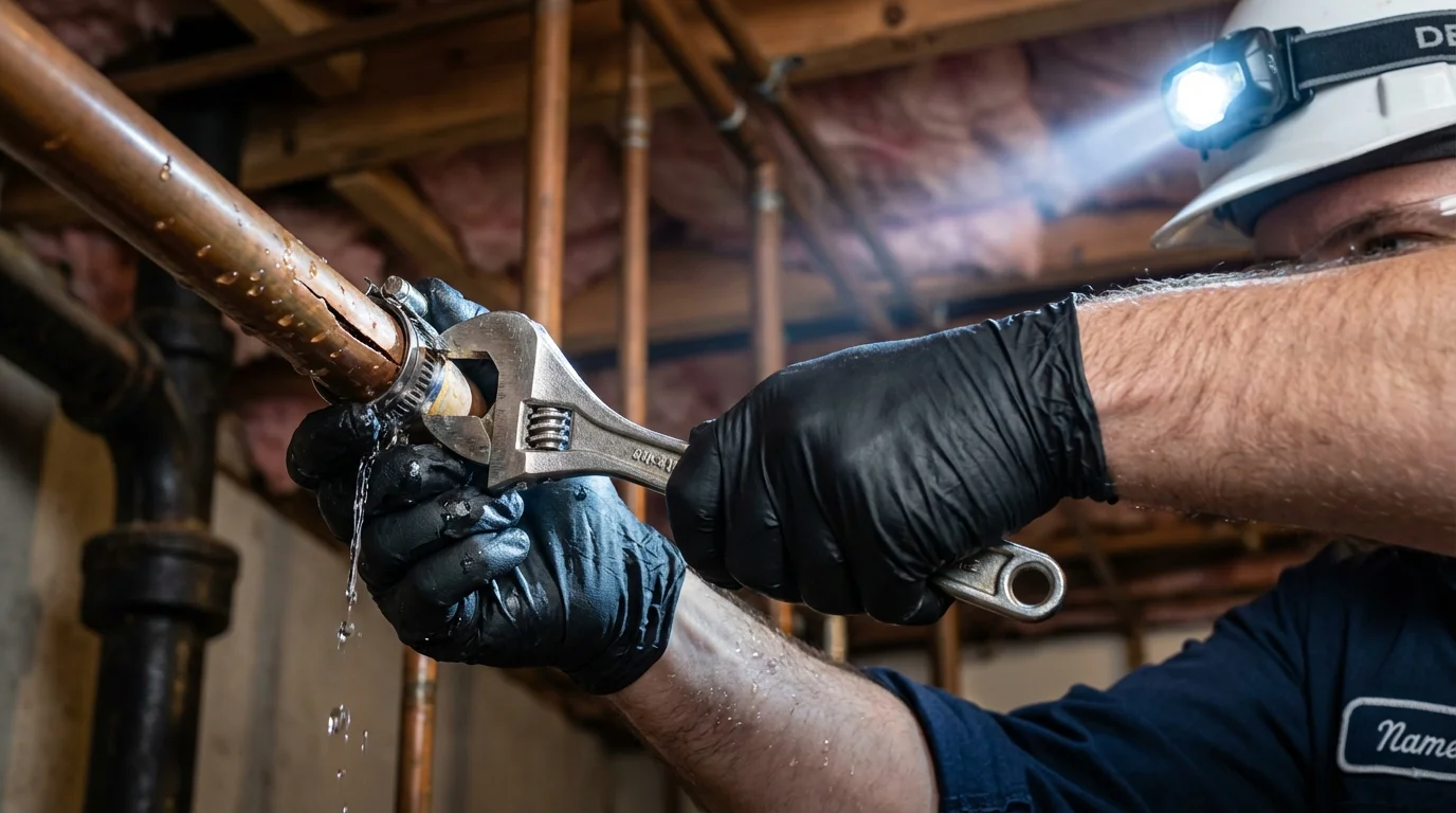 Emergency pipe clamp repair being performed by a Johns Plumbing LLC plumber in Grand Forks