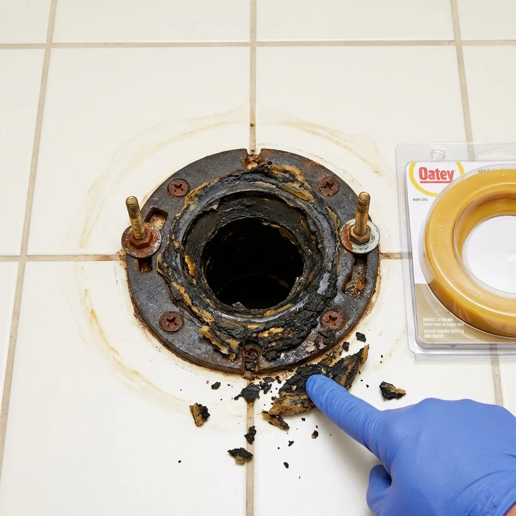 Failed wax ring showing water seepage at the base of a toilet in a Grand Forks, ND home