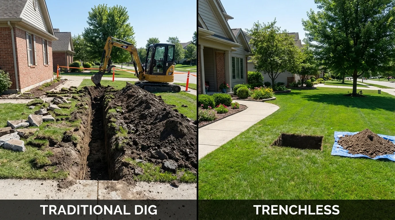 Trenchless sewer repair with minimal yard damage versus traditional excavation in Grand Forks, ND