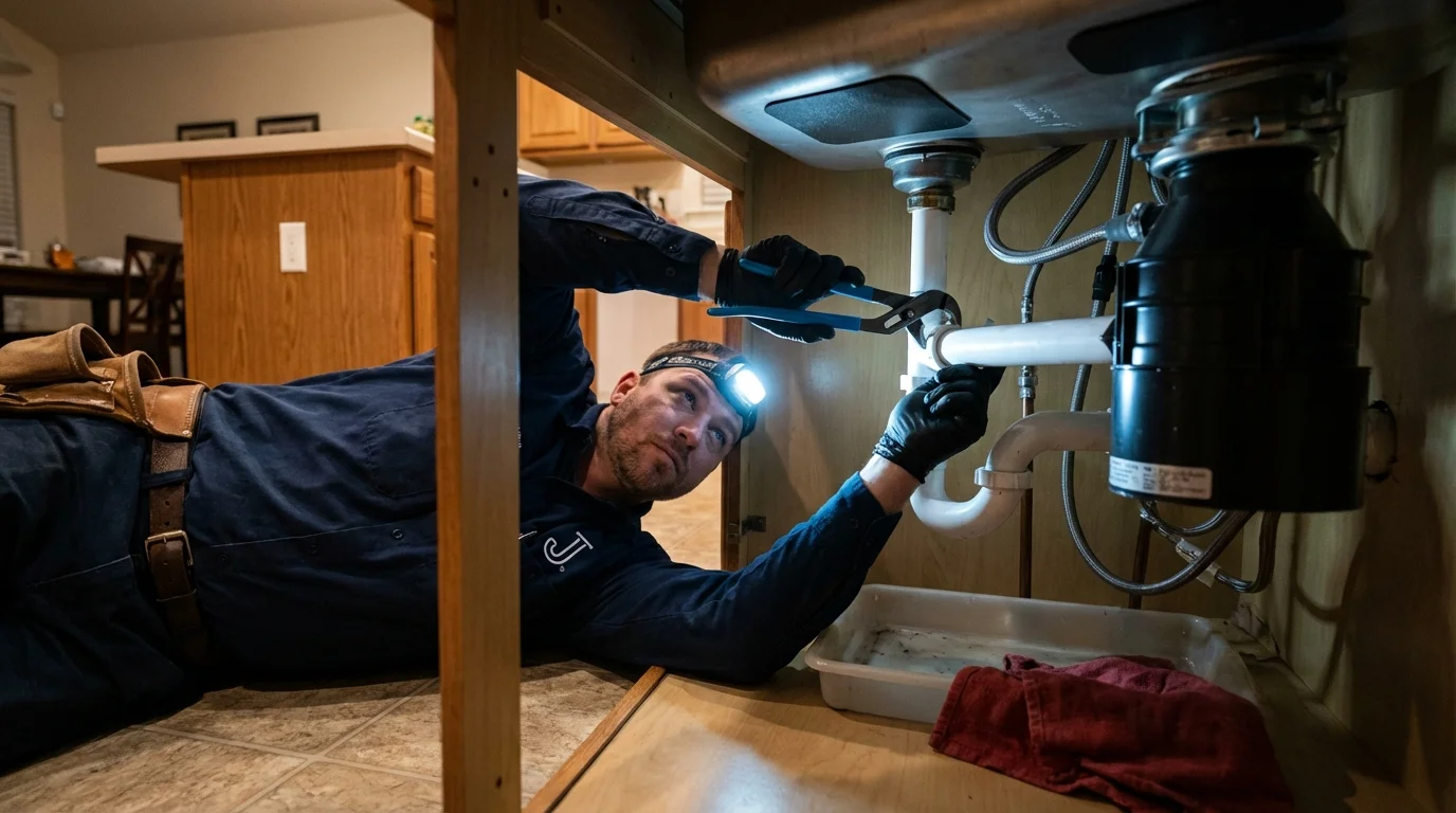 P-trap and supply line connections under a kitchen sink showing a common leak point in Grand Forks, ND